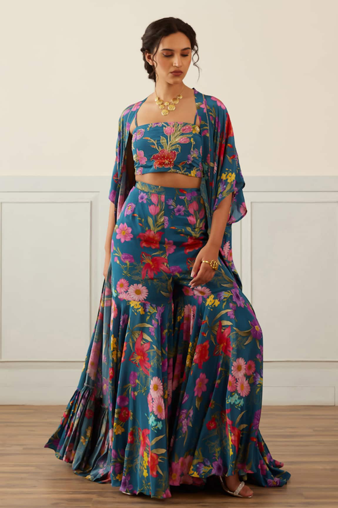 House of Pink Floral Print Cape Sharara Set