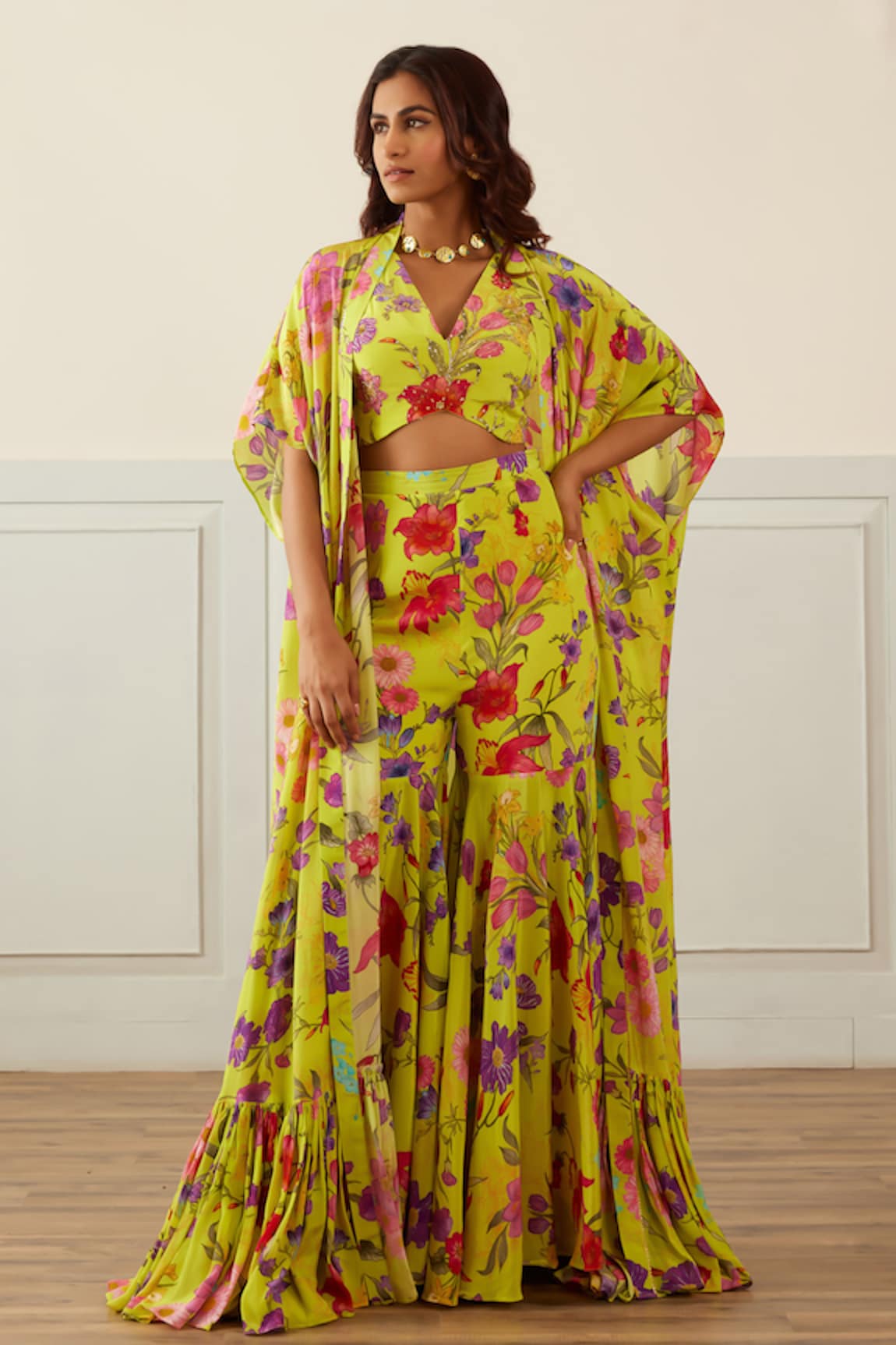 House of Pink Floret Print Cape Sharara Set