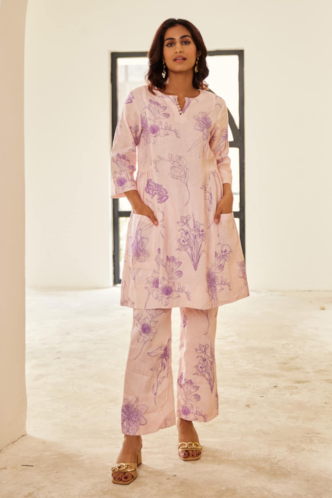 House of Pink Linen Floral Print Tunic With Pant