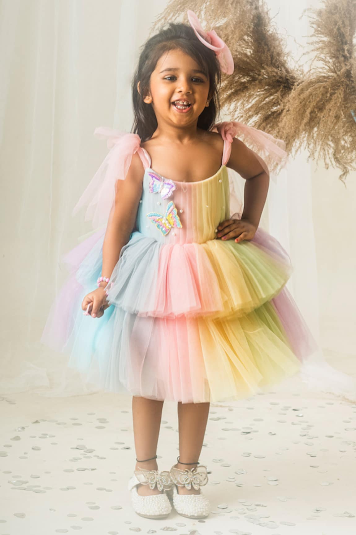 Toplove Rainbow Tulle Dress With Hair Accessory