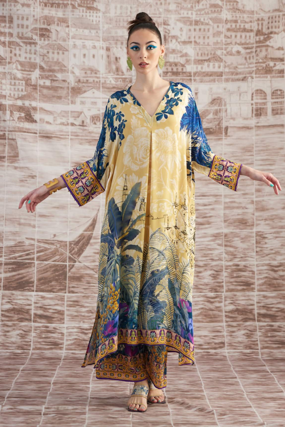 Rajdeep Ranawat Banera Silk Floral Print Kimono Tunic & Flared Pant Set