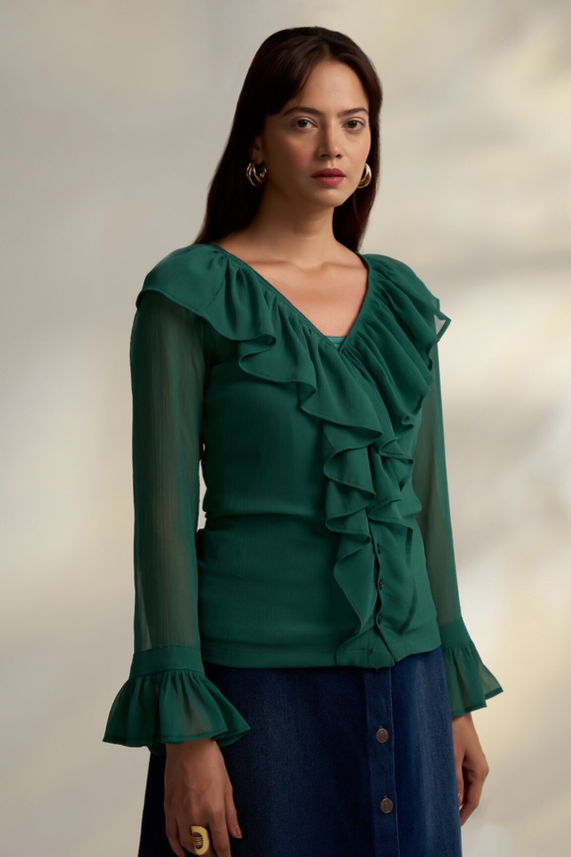 Enness Studio Aria Ruffled Placket Plain Blouse