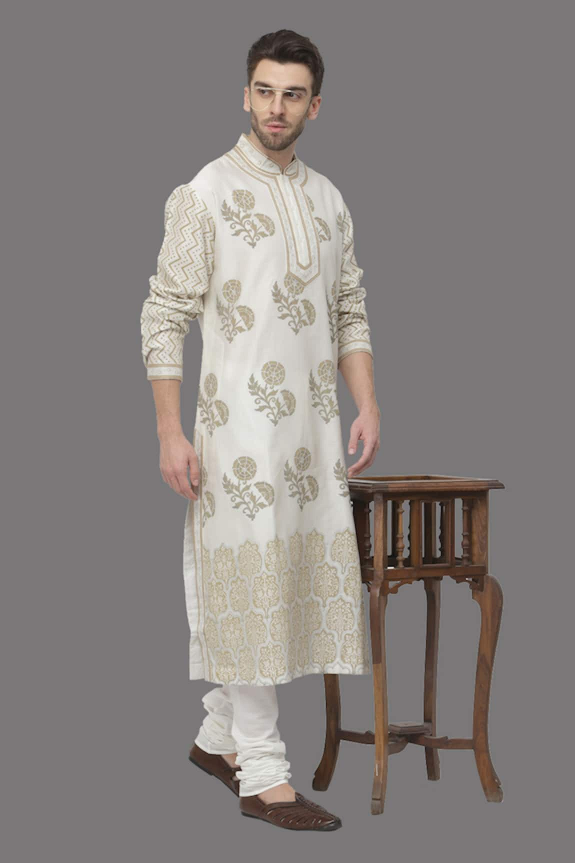 A!A By Abrar Ali Chanderi Floral Print Kurta With Churidar