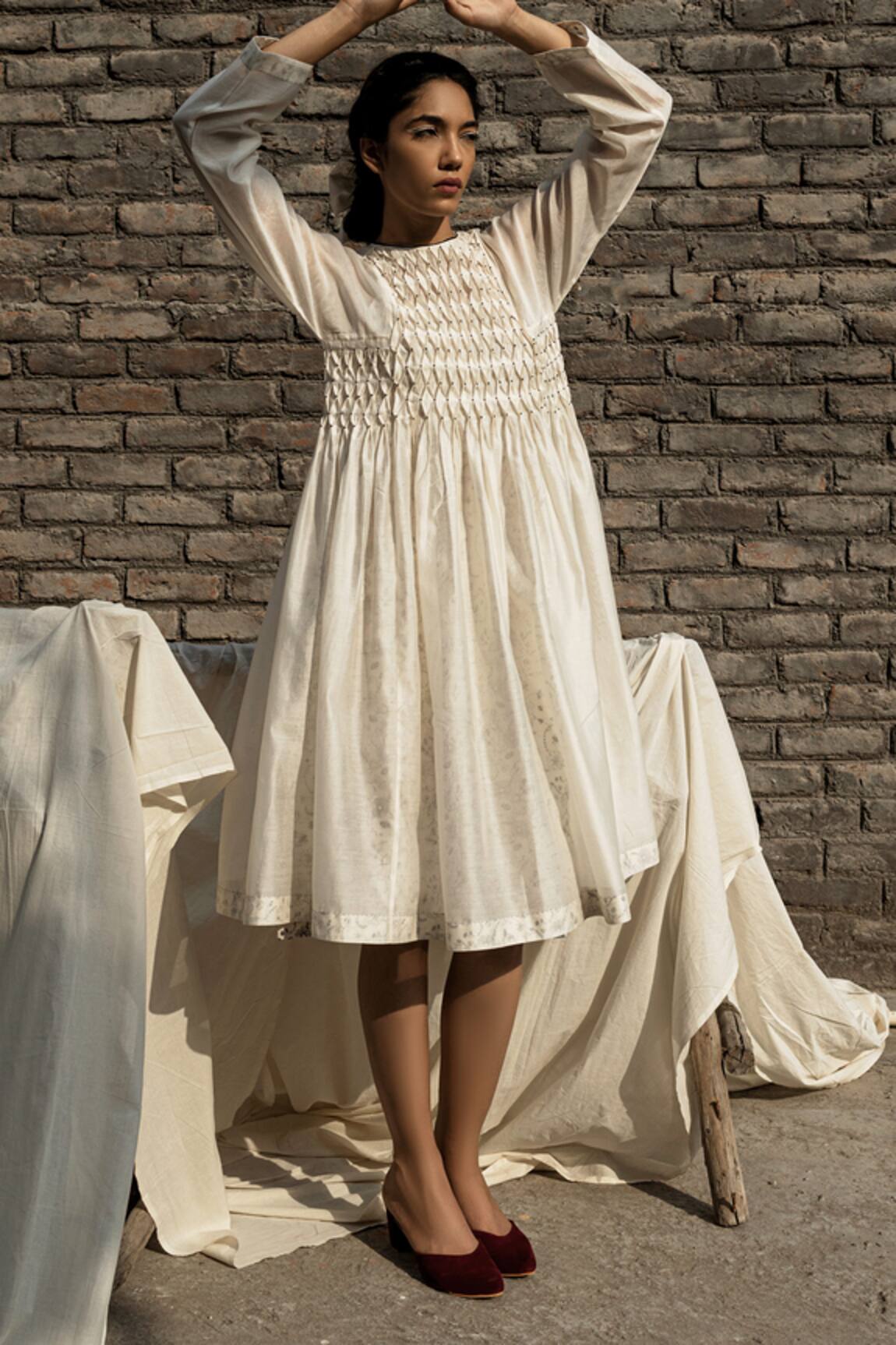 Ahmev Snowdrop Chanderi Smocked Bodice Dress with Slip