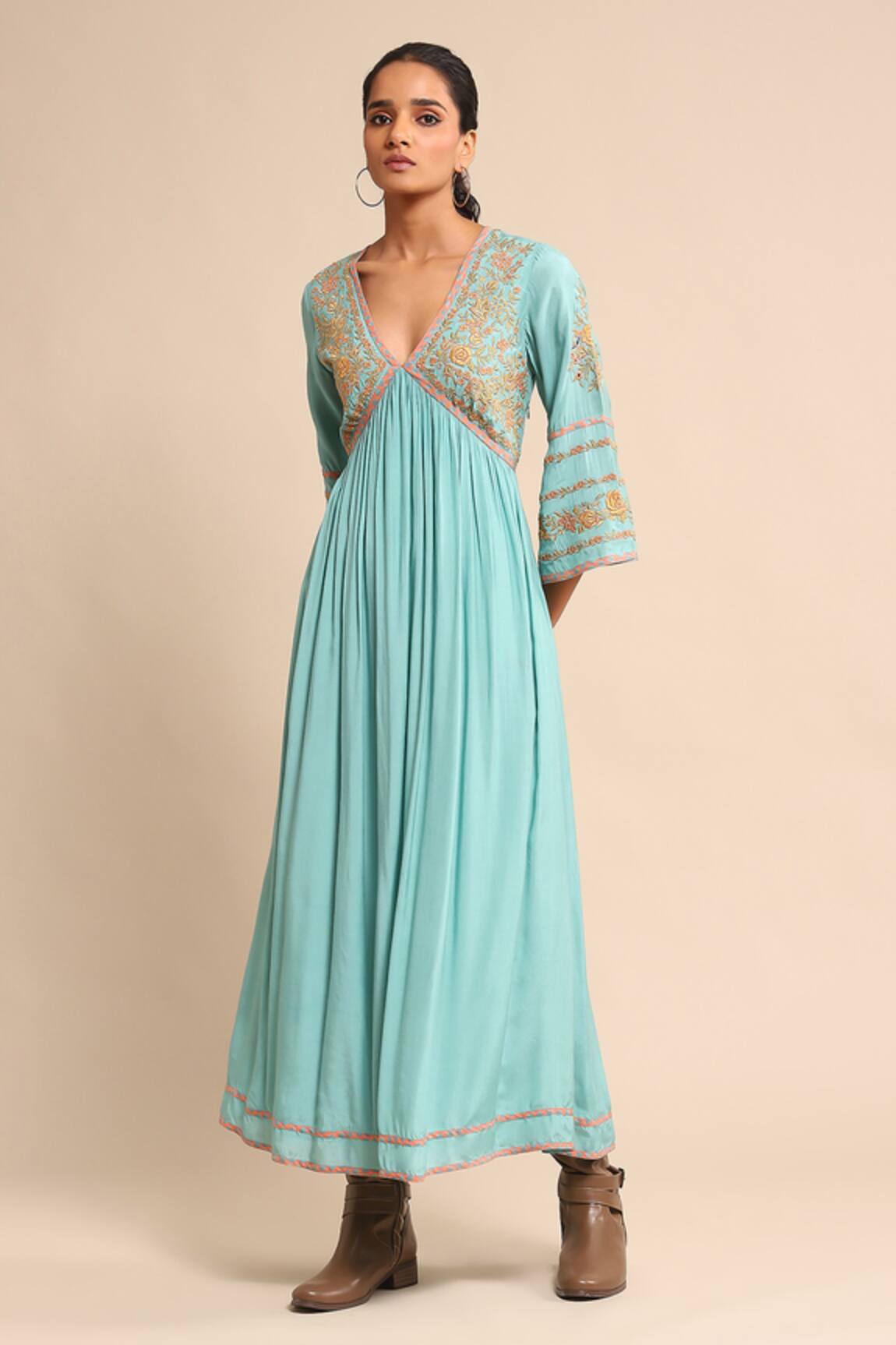 Ritu Kumar Floral Embroidered Bell Sleeve Dress 