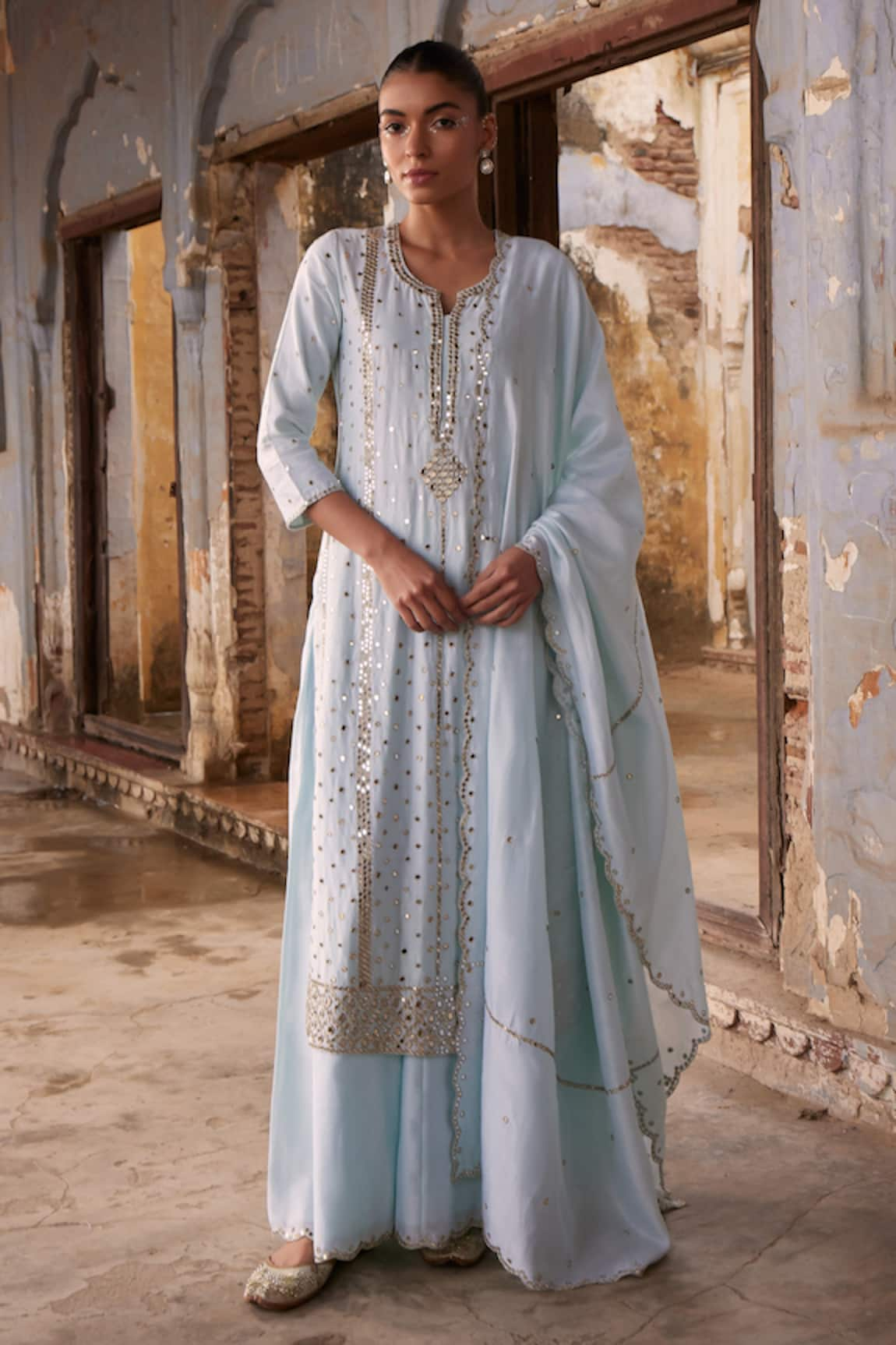 labelMayaa Chanderi Mirror Embroidered Kurta Palazzo Set