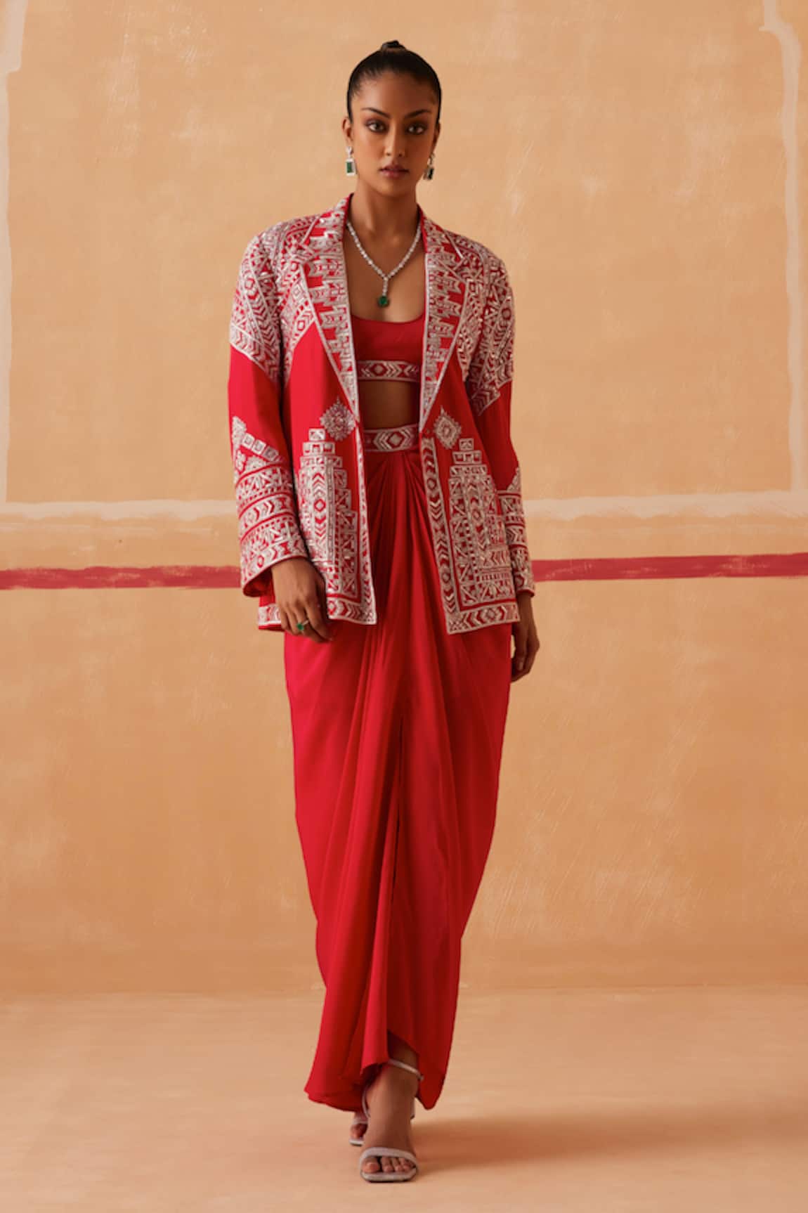 Sureena Chowdhri Vidya Geometric Embroidered Jacket Draped Skirt Set