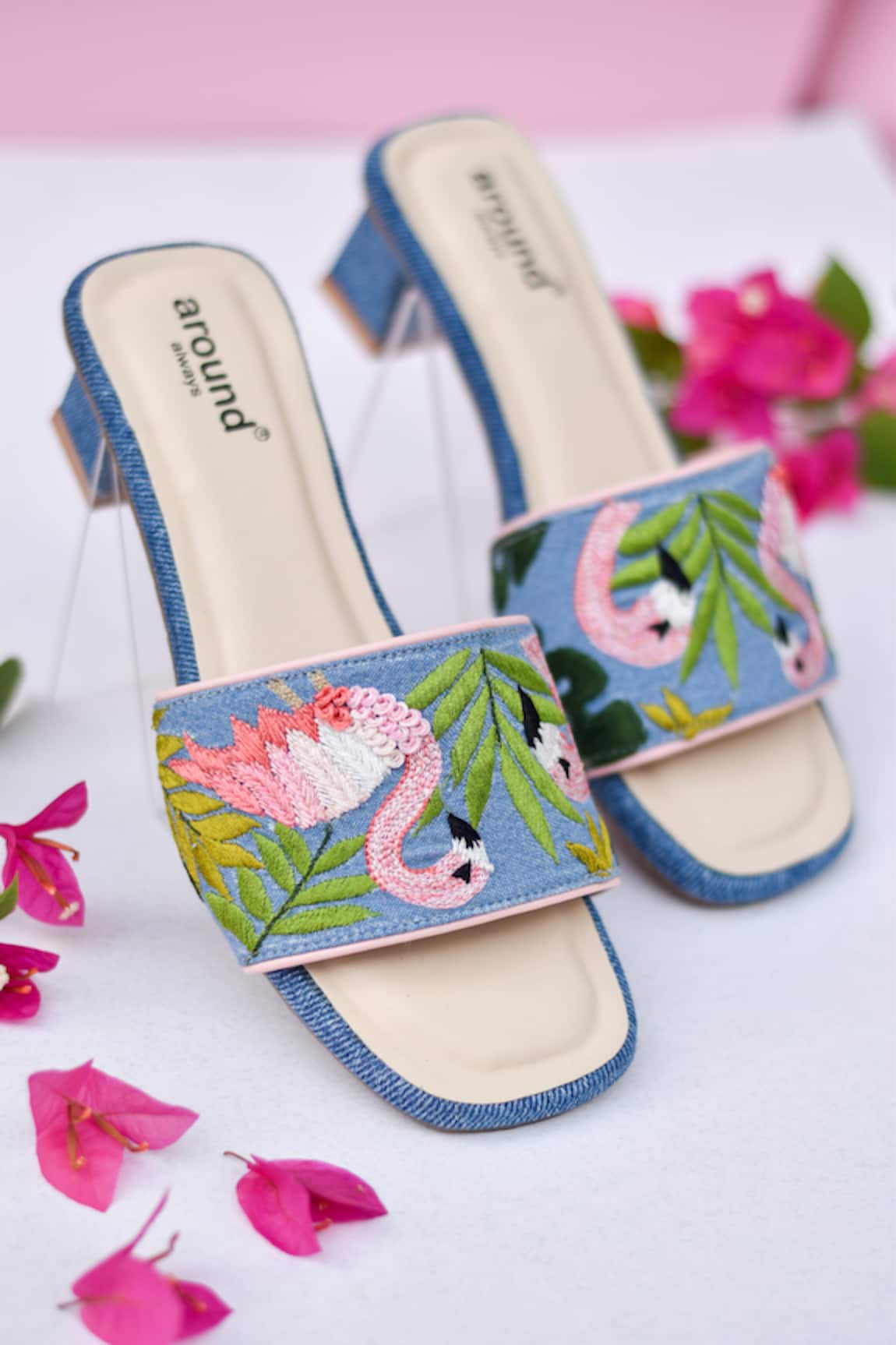 Around Always Flamingo Denim Embroidered Sandals