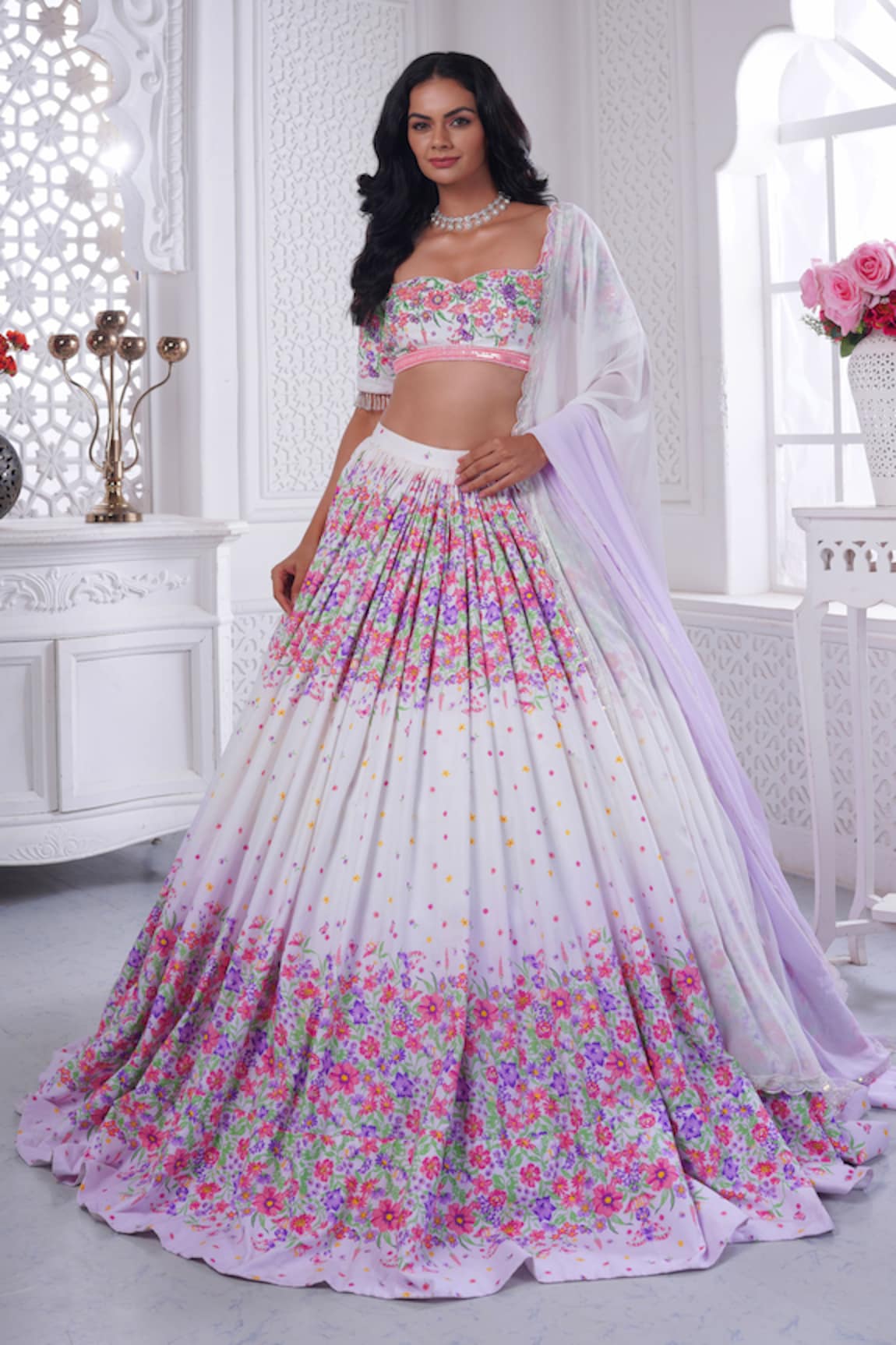 Label Priyanka Kar Floral Print Blouse Bridal Lehenga Set