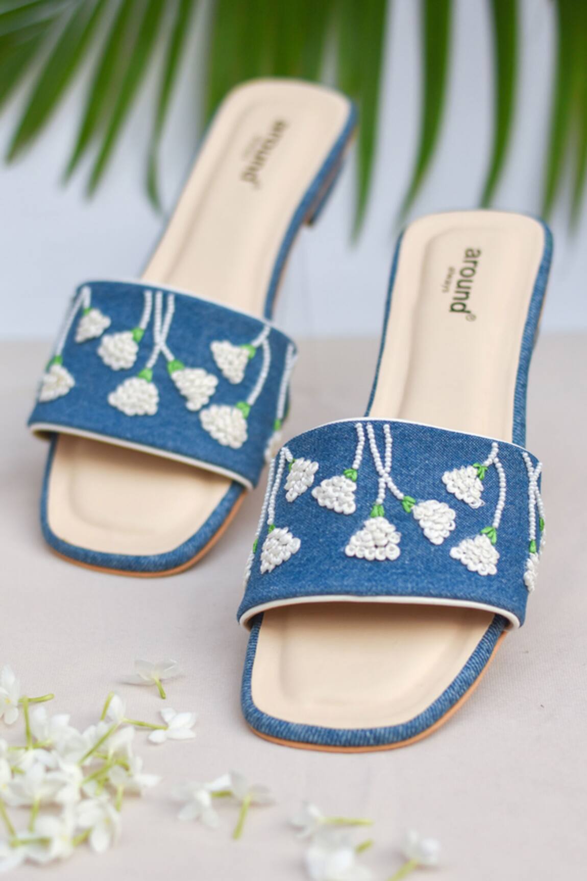Around Always Gardenia Embroidered Denim Sliders