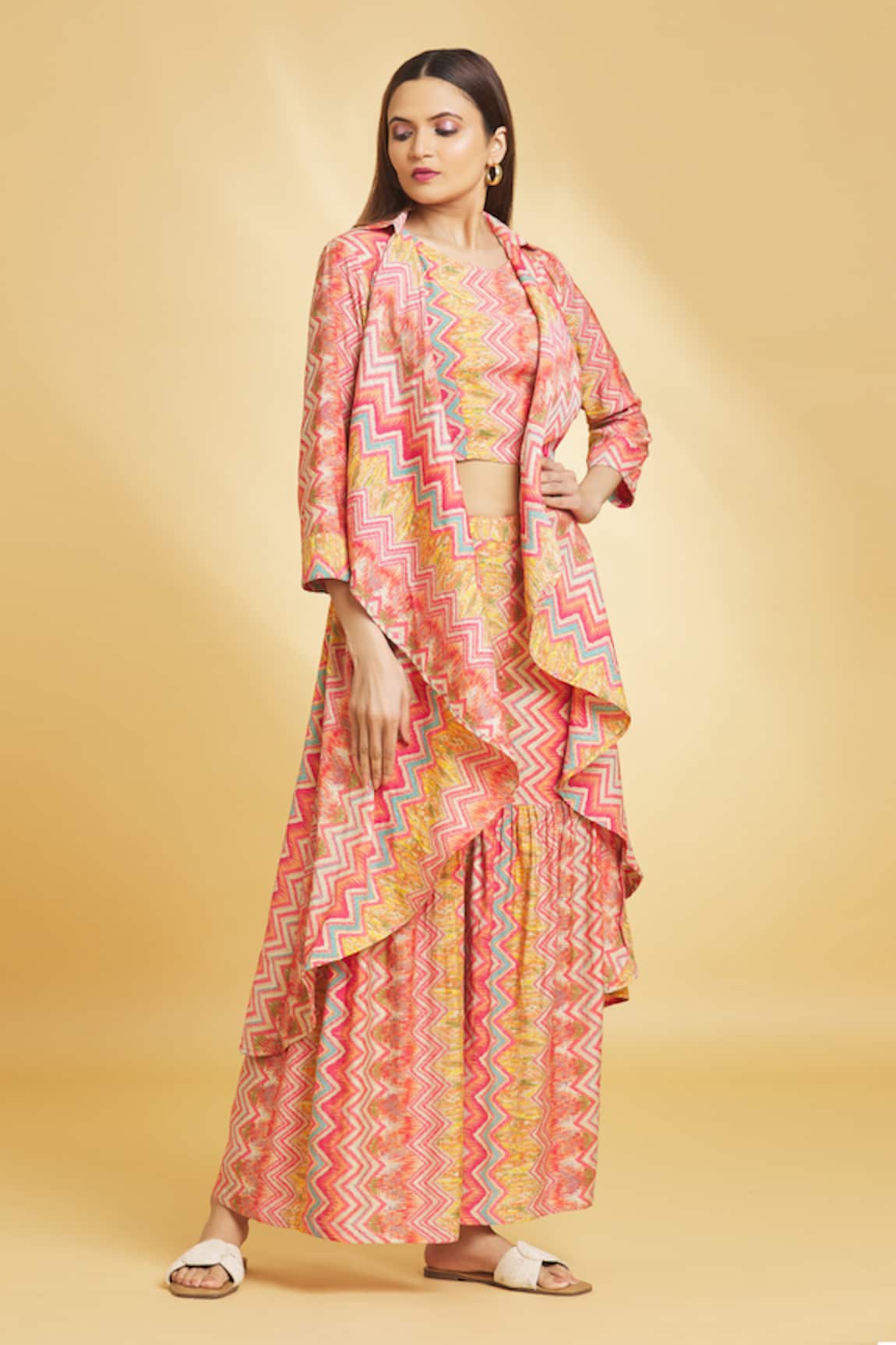 Adara Khan Candy Chevron Print Cape Sharara Set