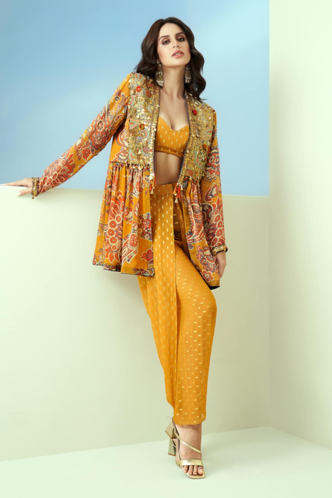 Taavare Printed Peplum Jacket Dhoti Pant Set