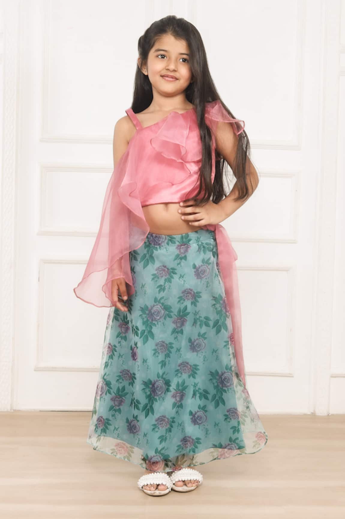 Pinkcow designs pvt ltd Hello Kitty Roseate Print Lehenga With Ruffled Blouse