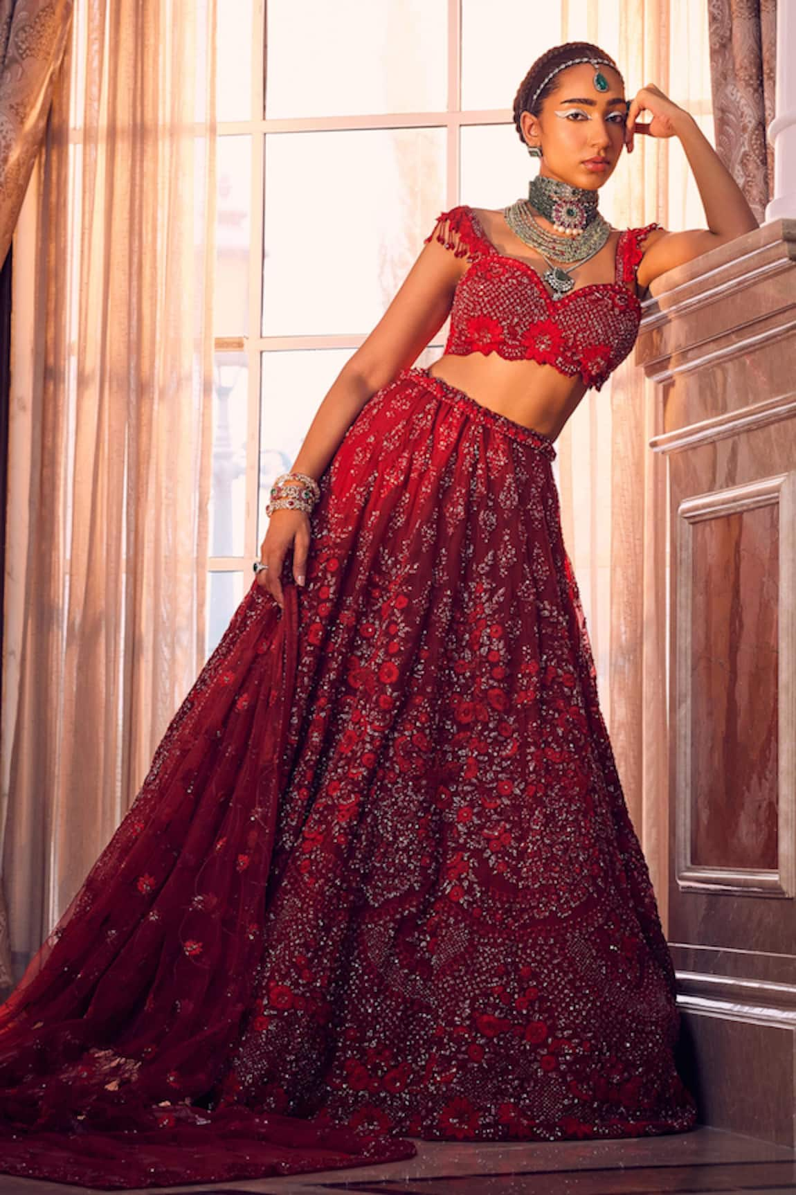 Kalighata Merlin Rose Hand Embroidered Bridal Lehenga Set