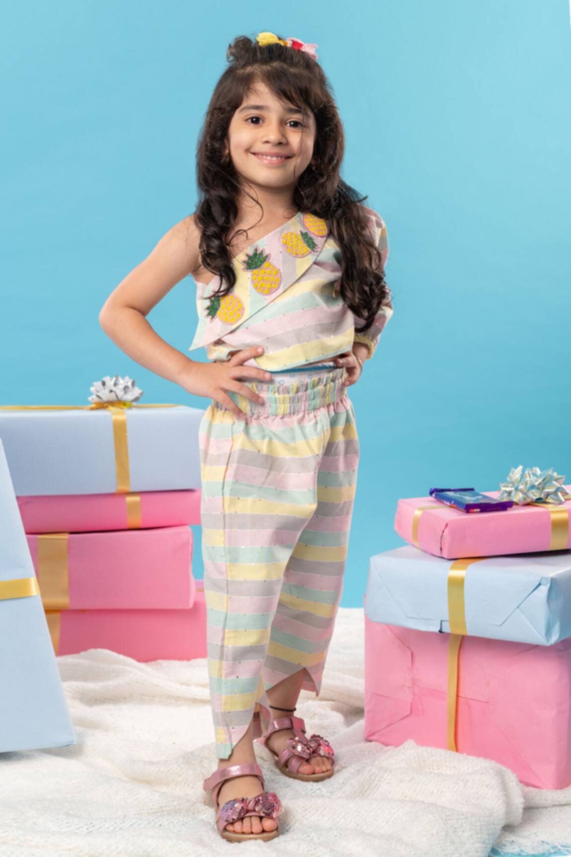 Kirti Agarwal - Pret N Couture Striped One Shoulder Top & Pant Set