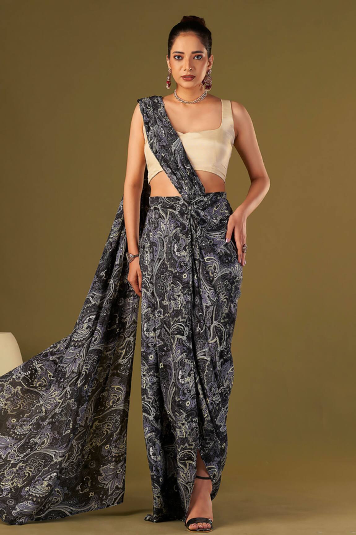 AFFROZ Paisley Printed Pre-Draped Saree & Blouse 