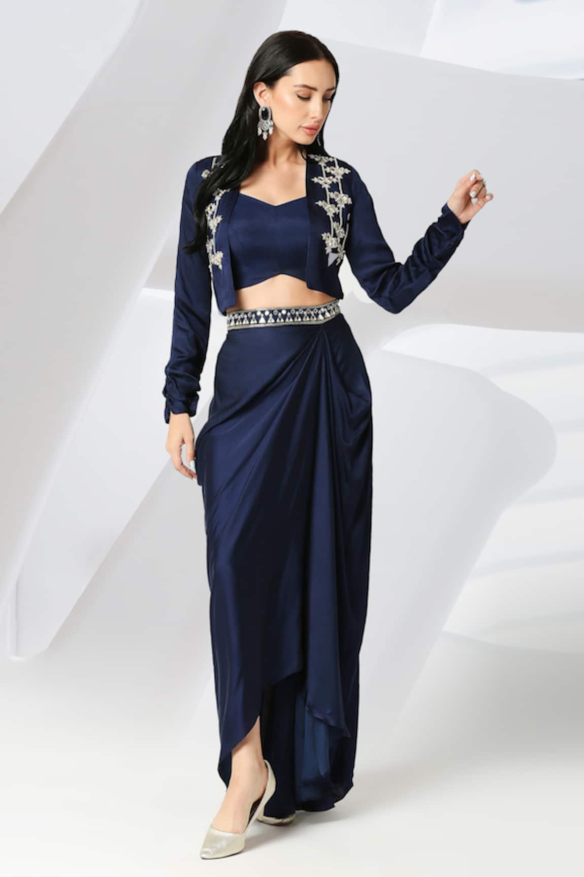 Adamantia Placement Embroidered Jacket Draped Skirt Set