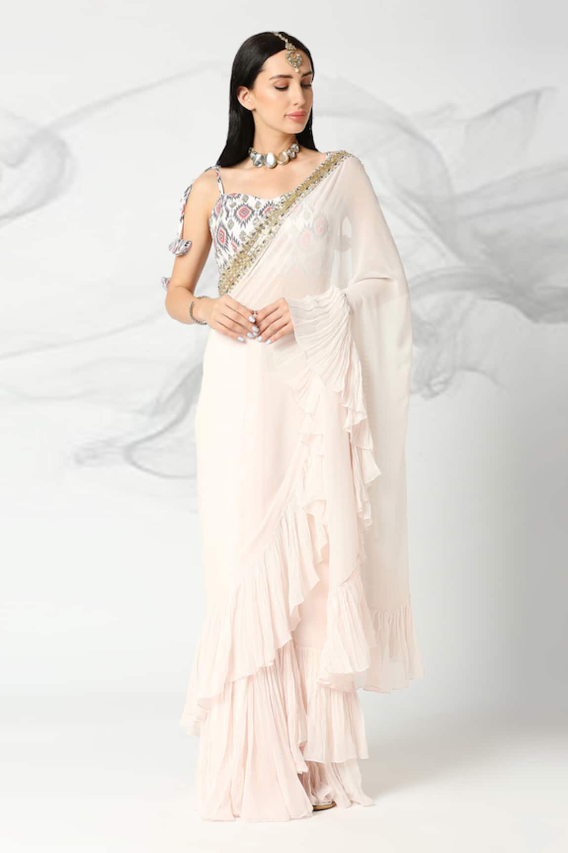 Adamantia Border Embroidered Frill Saree With Blouse