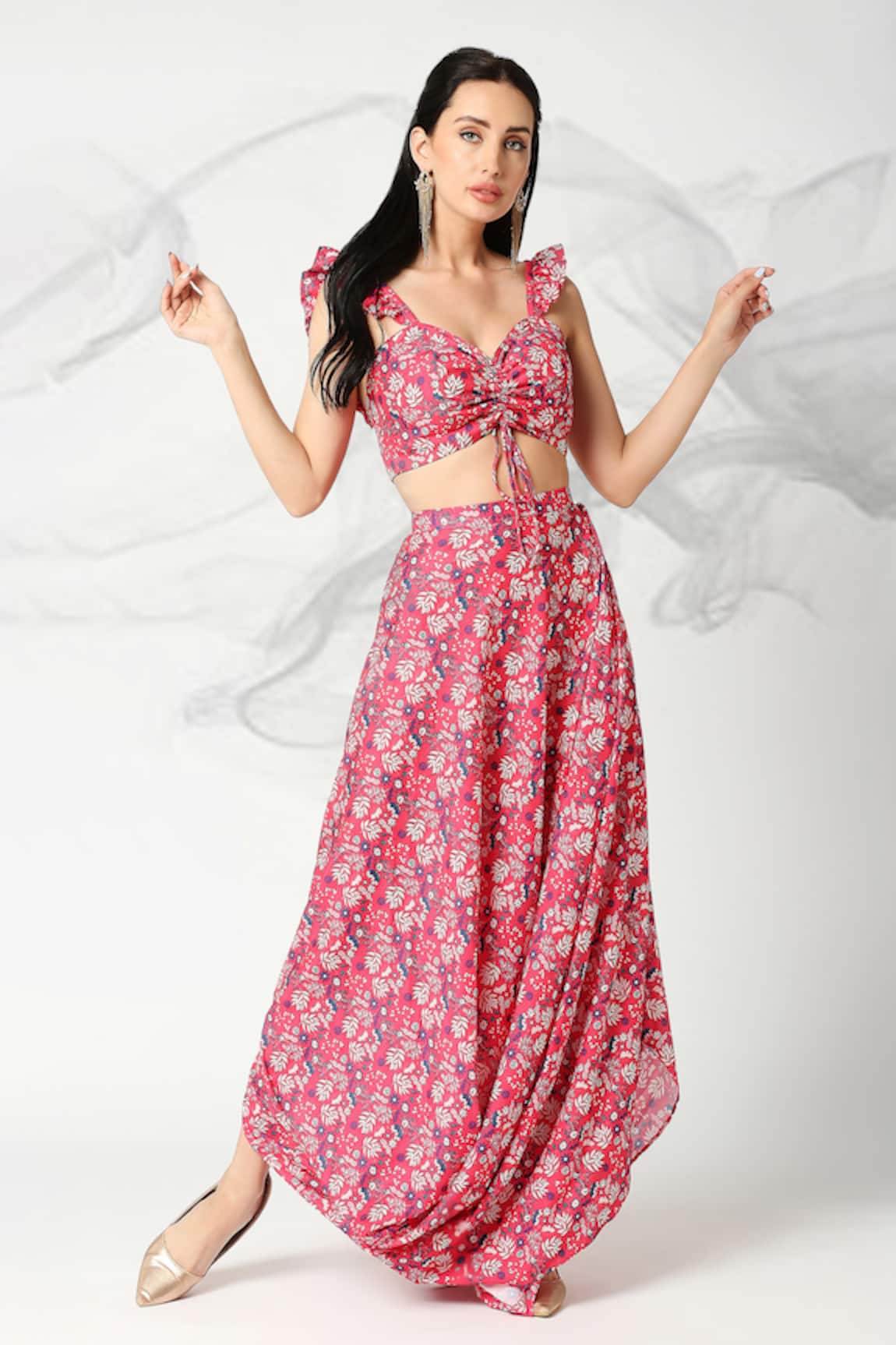 Adamantia Floral Print Top & Draped Skirt Set
