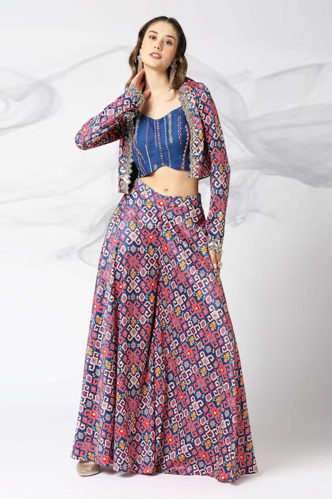 Adamantia Patola Print Jacket Flared Pant Set