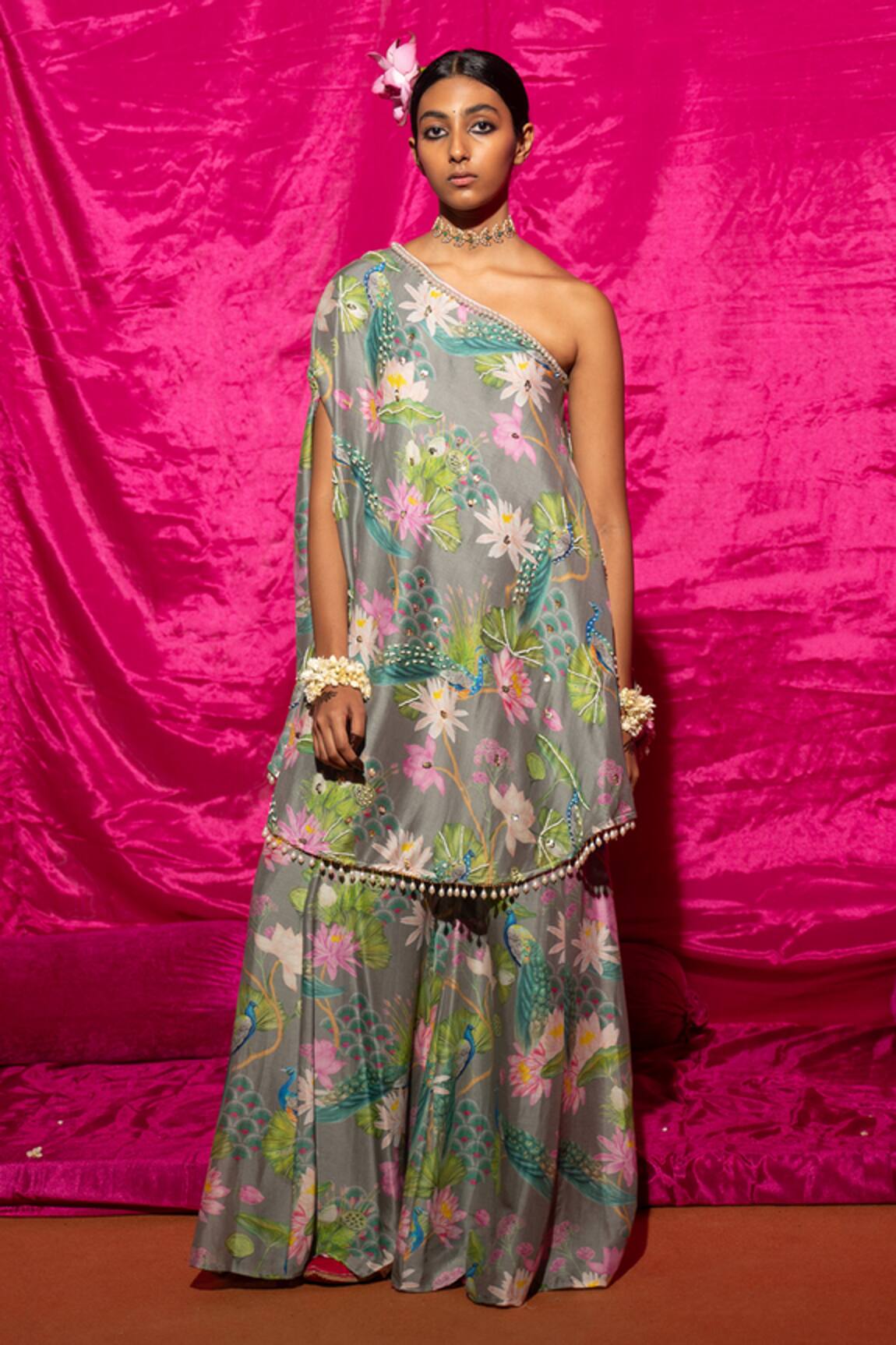 Chrkha Chanderi Silk Printed Kaftan & Flared Pant Set