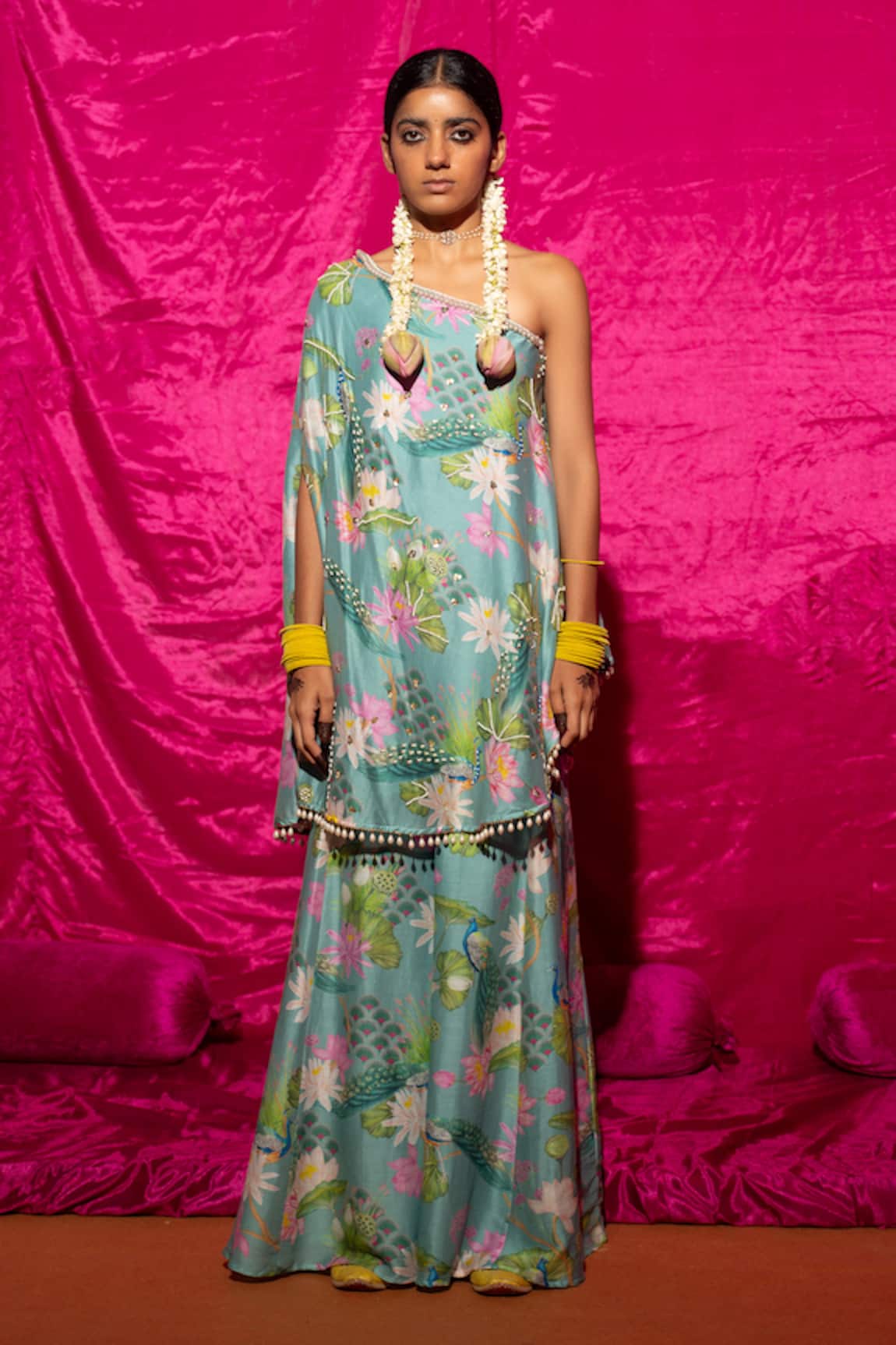 Chrkha Chanderi Silk Kaftan & Flared Pant Set