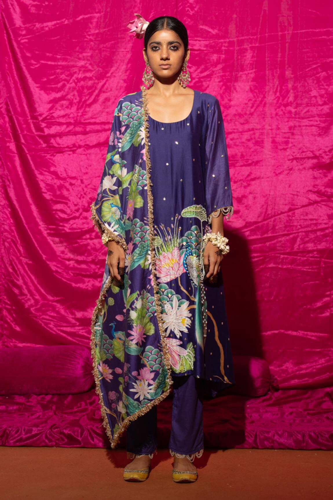 Chrkha Peacock Placement Print A-Line Kurta Set