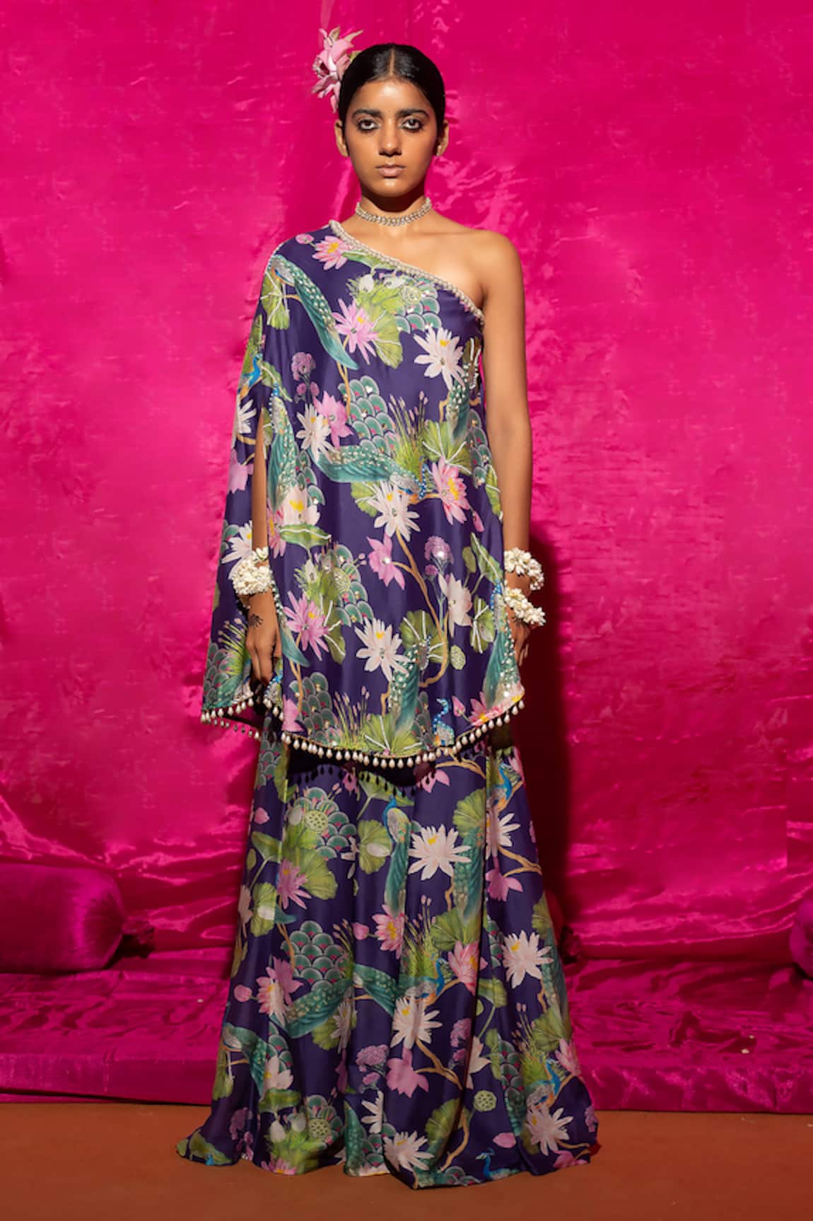 Chrkha Chanderi Silk One Shoulder Printed Kaftan & Flared Pant Set