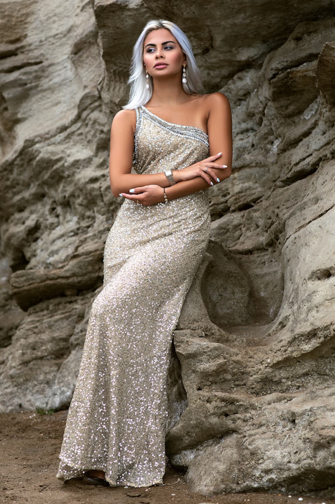 Majestic By Japnah Hand Embroidered One Shoulder Gown