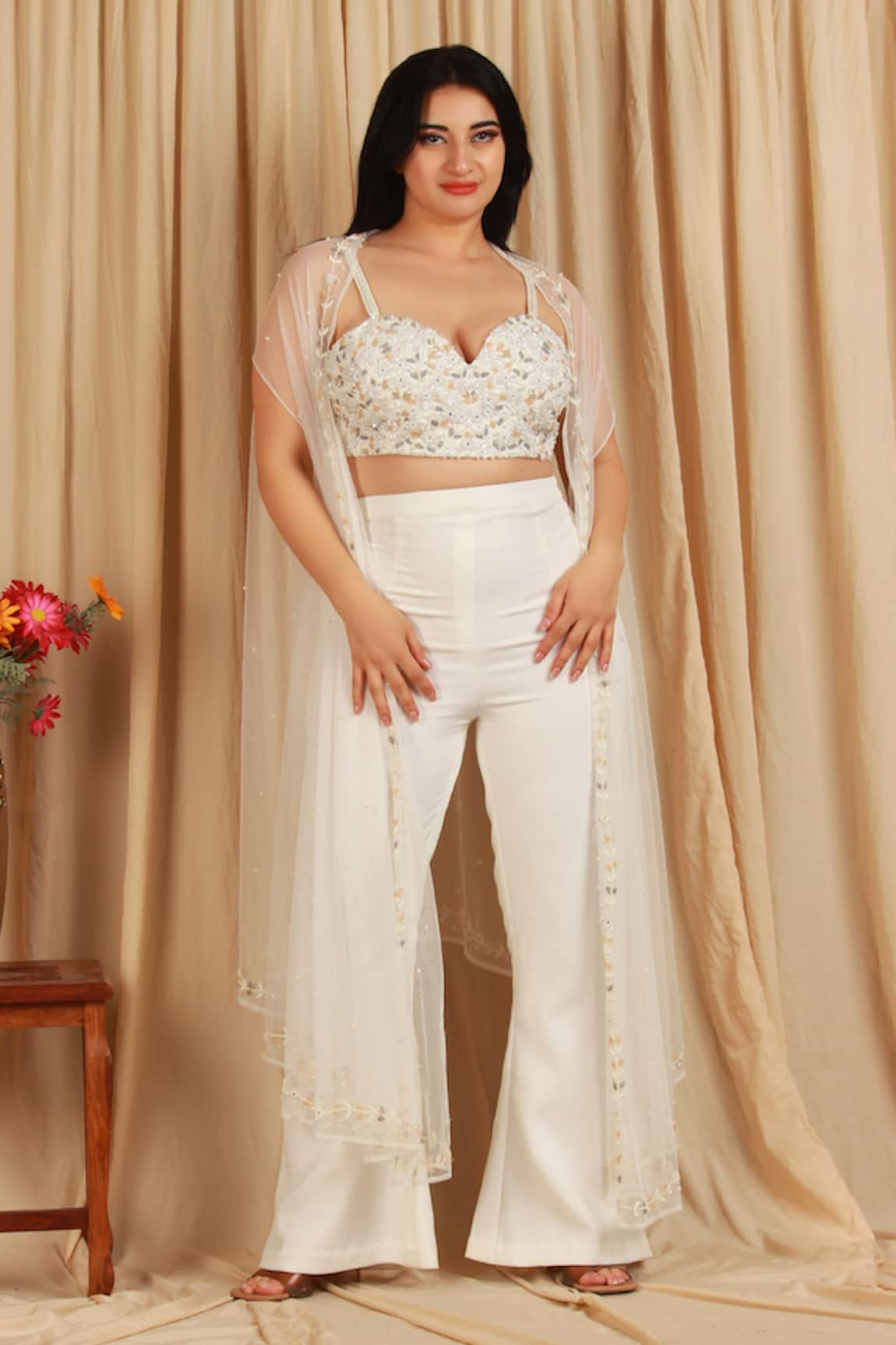 Majestic By Japnah Pearl Embellished Cape Pant Set