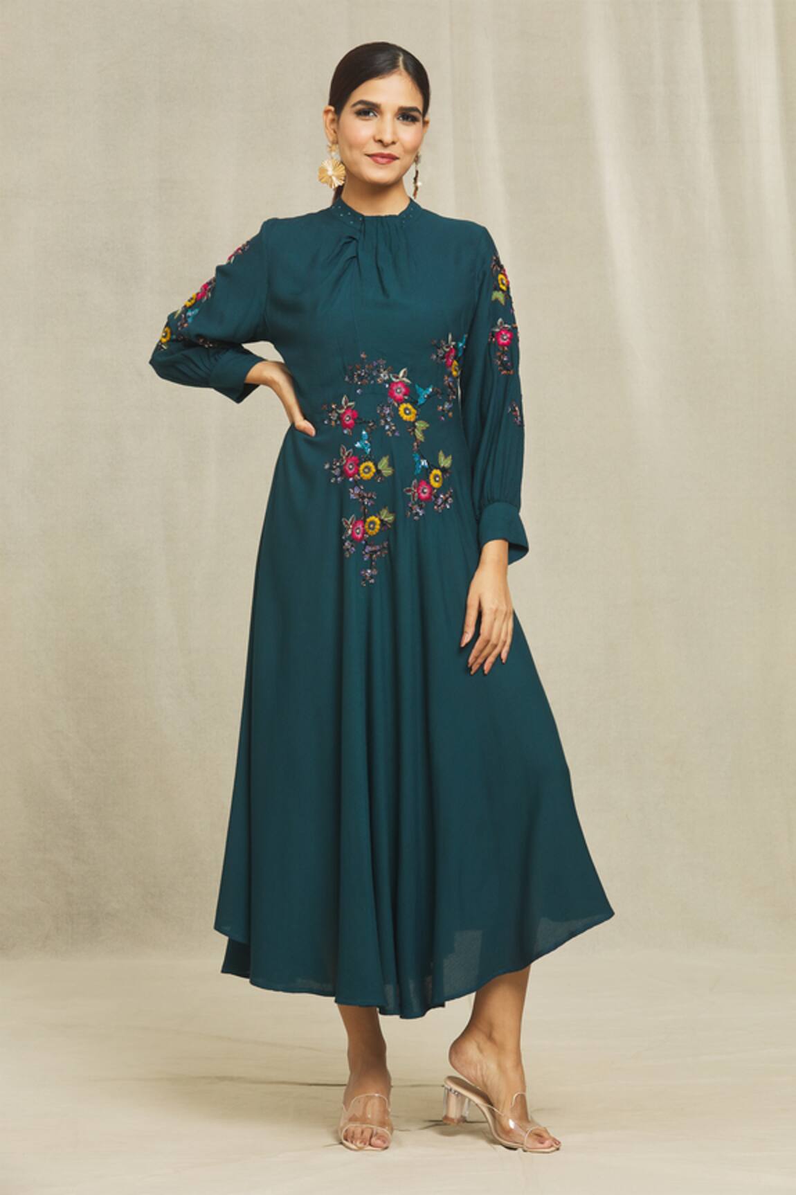 Bhusattva Bishop Sleeve Floral Embroidered Dress