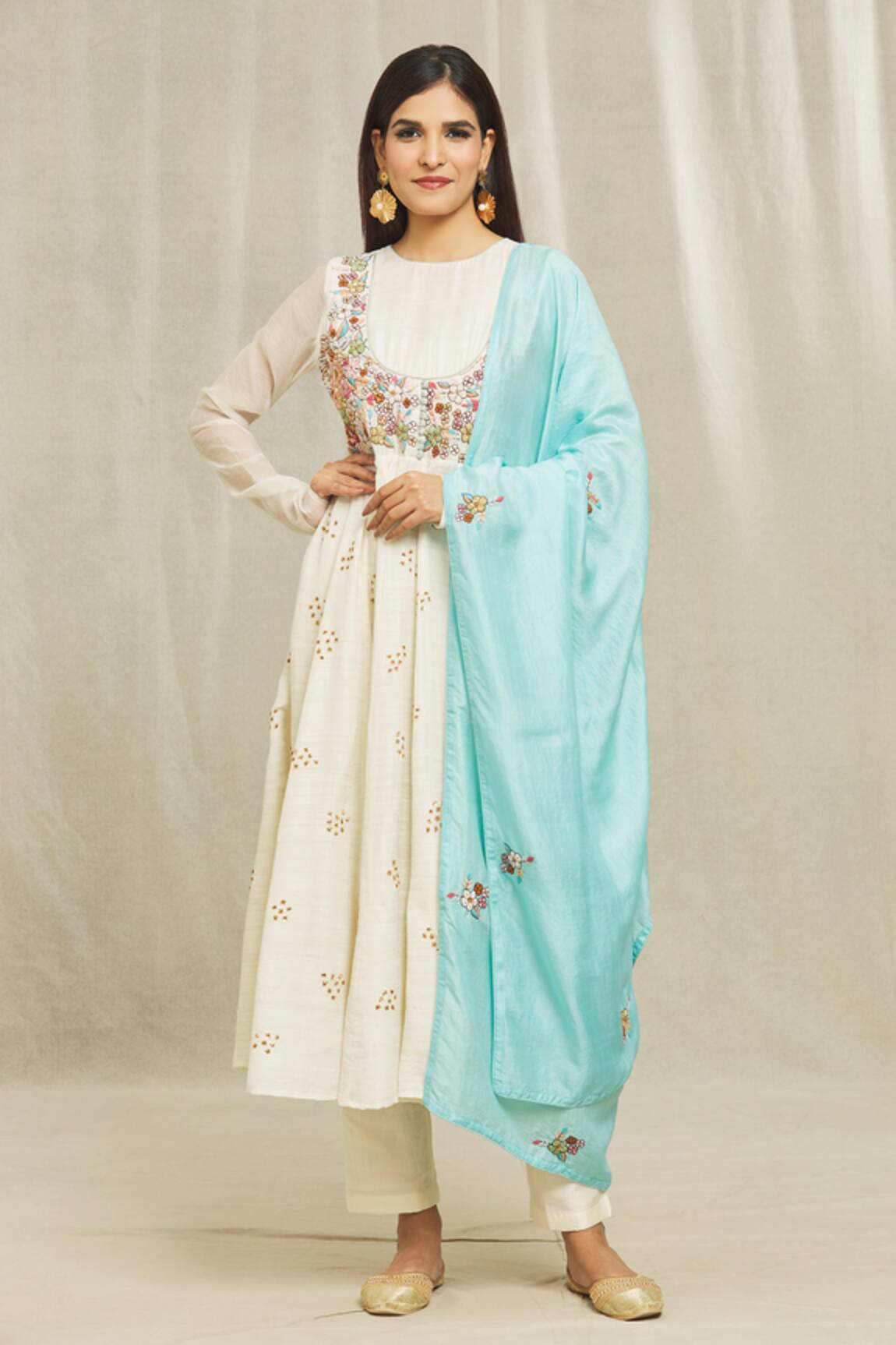 Bhusattva Floral Embroidered Flared Kurta With Dupatta