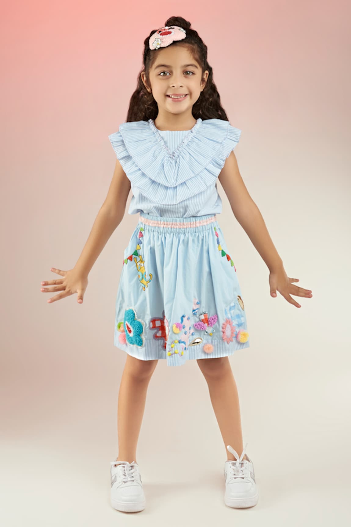 Joey & Pooh Stripe Pattern Top With Hand Embroidered Skirt