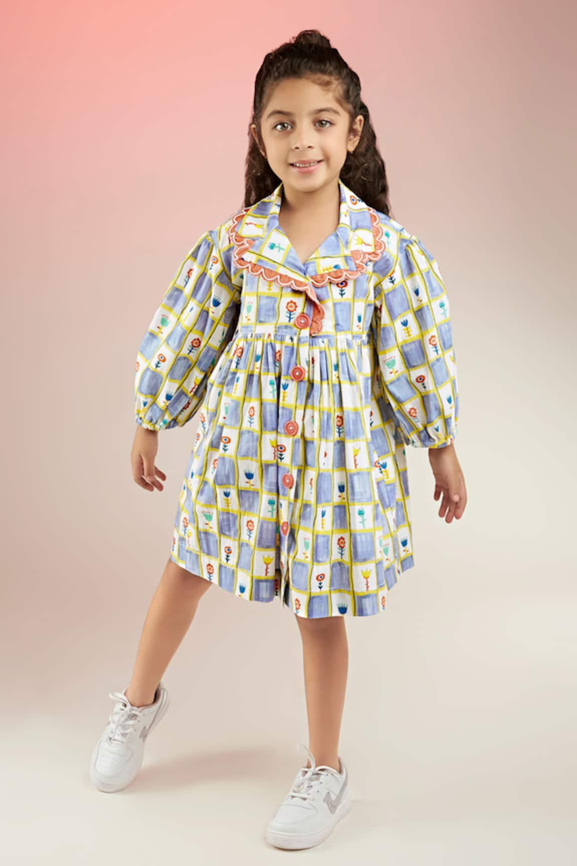 Joey & Pooh Flower Chequered Print Jacket Dress