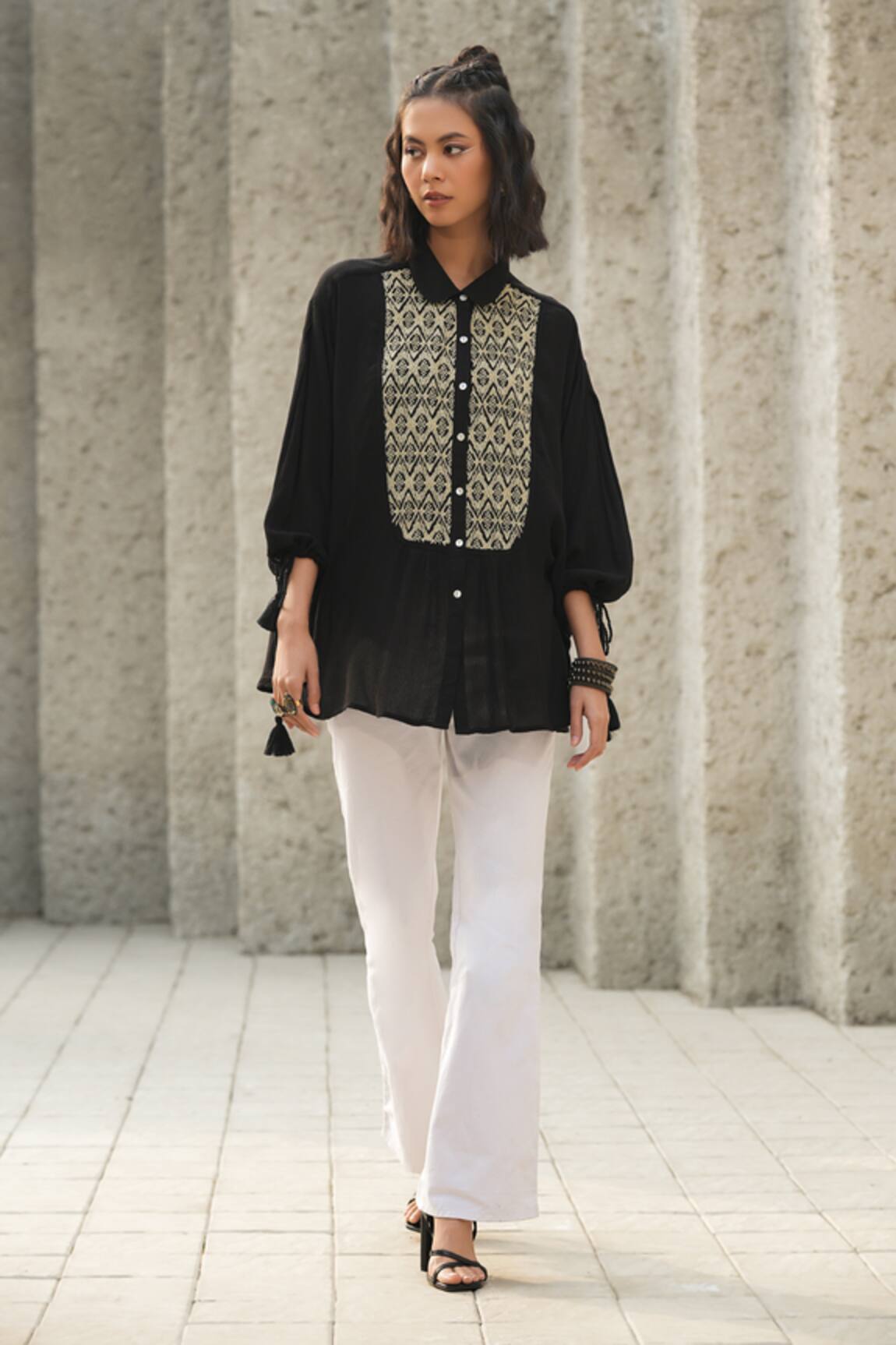 NYARO Geometric Embroidered Bodice Shirt