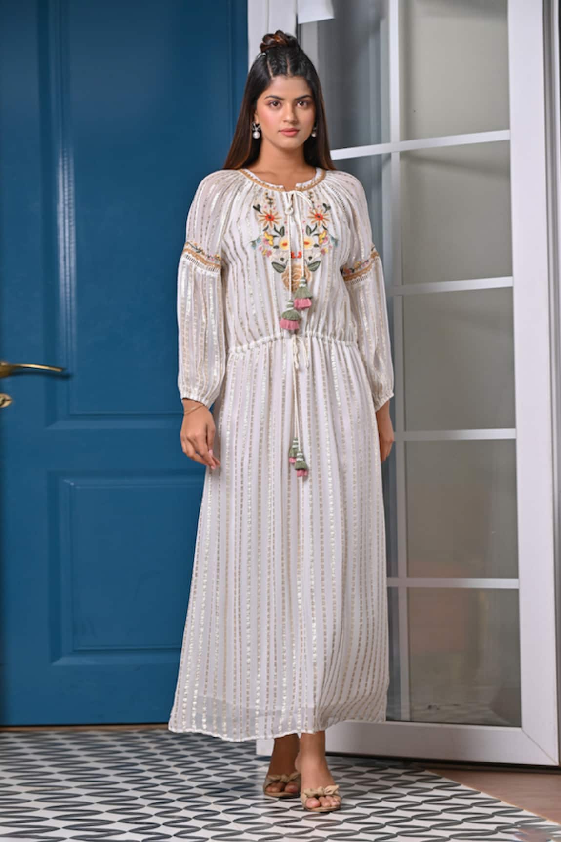NYARO Floral Placement Embroidered Dress