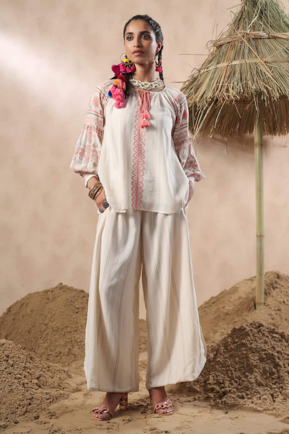 NYARO Stripe Embroidered Top With Pant