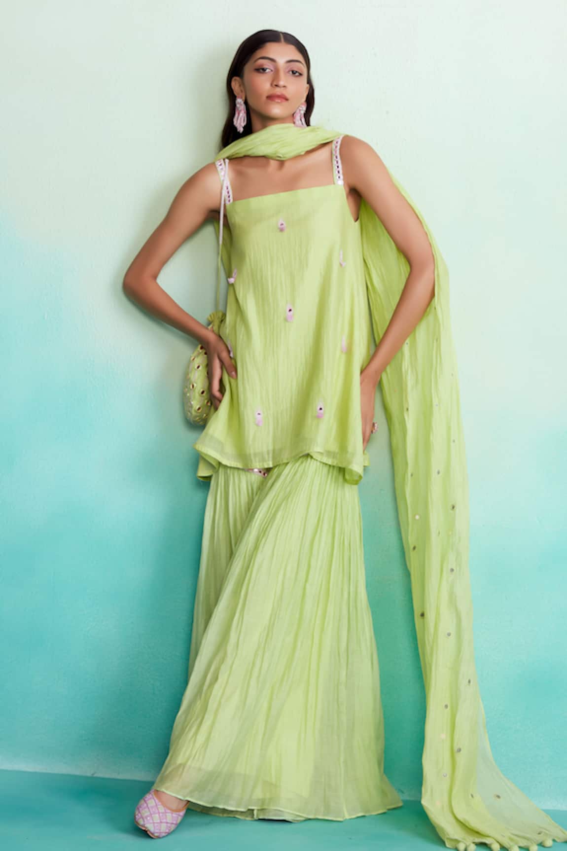 The Right Cut Limefinity Hand Embroidered Kurta Sharara Set