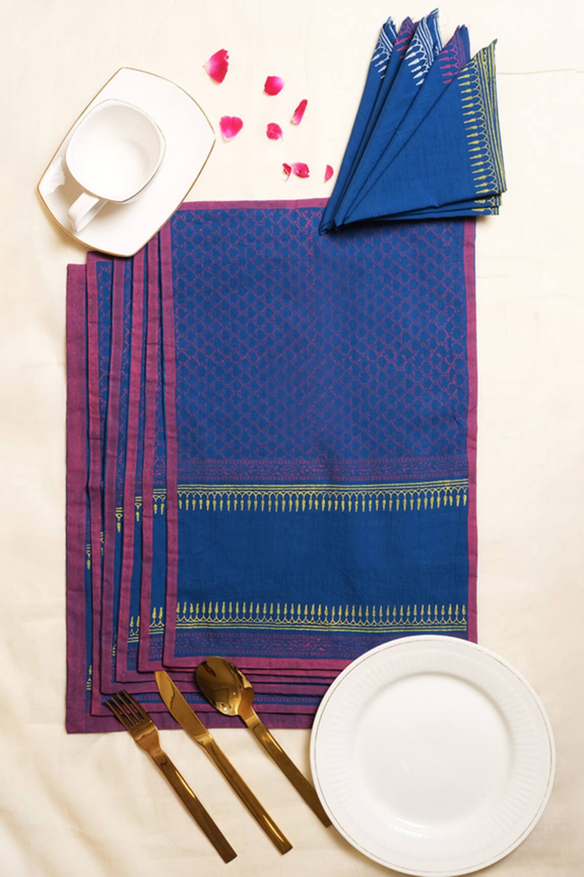Inheritance India Jaal Hand Block Print Cotton Table Mats & Napkins - Set of 12