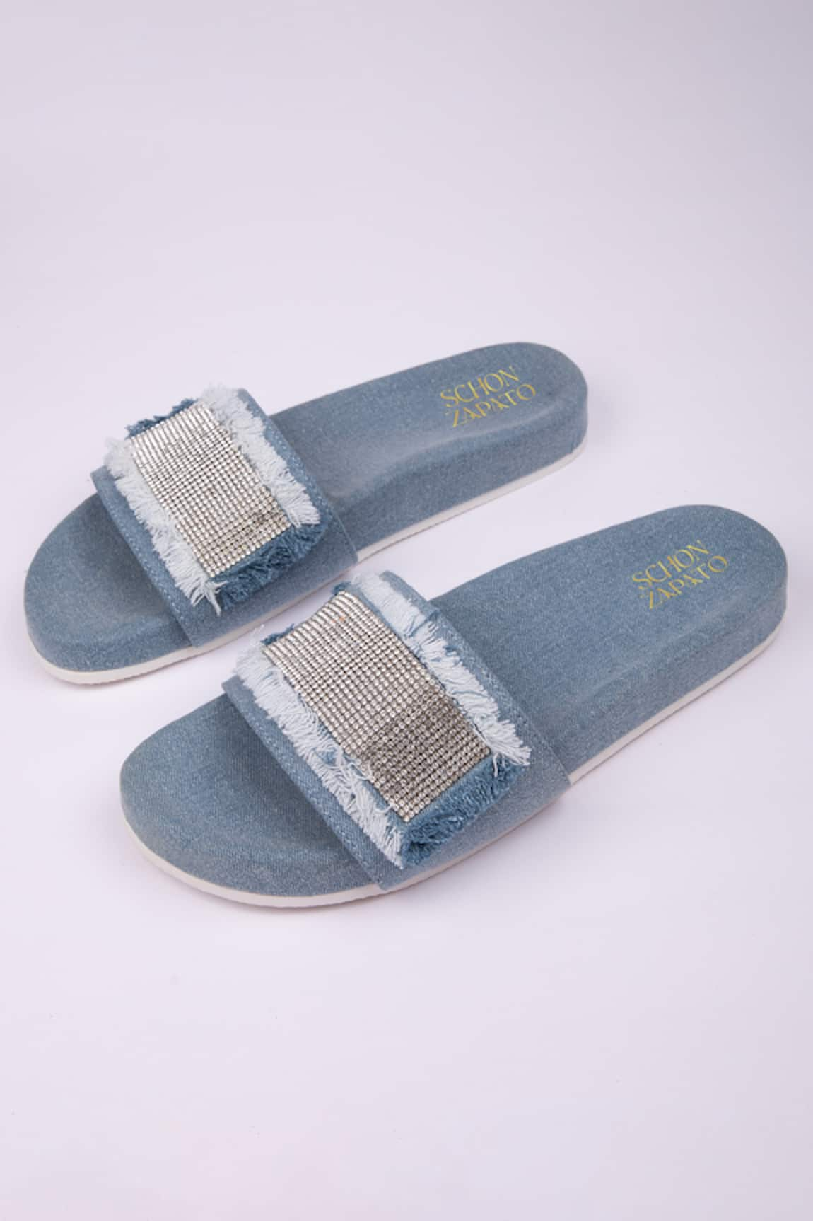 Schon Zapato Denim Rhinestone Flip Flops