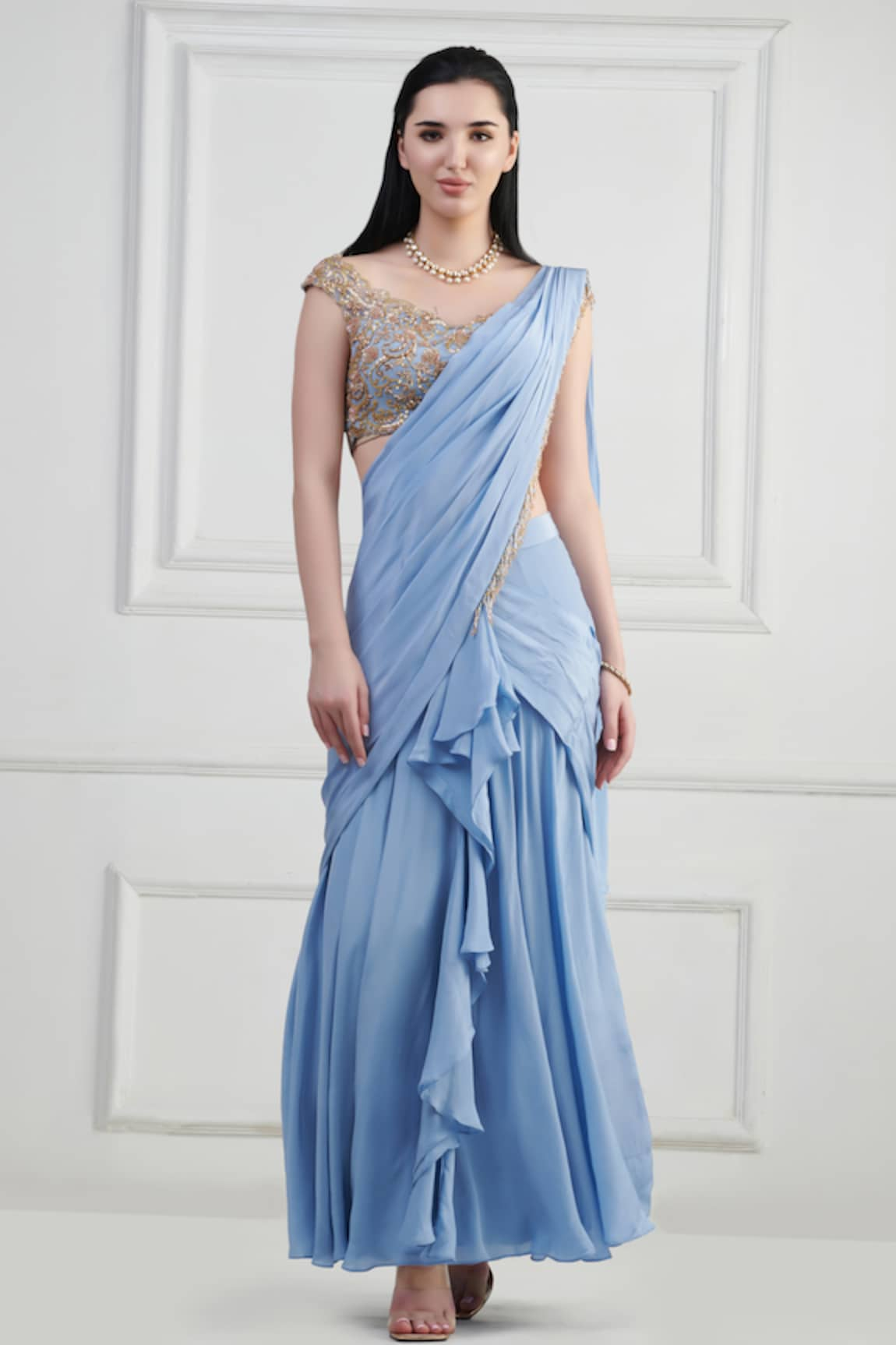 Nishta Studio Pre-Draped Saree With Zardozi Embroidered Blouse