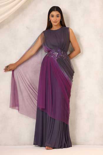 K-Anshika Floral Embroidered Gown With Attached Drape 