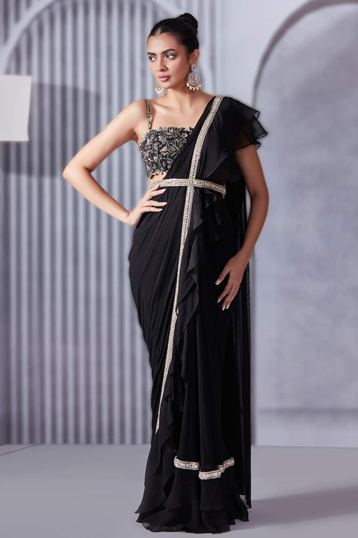 Pritika Vora Border Embroidered Pre-Draped Ruffle Saree Set