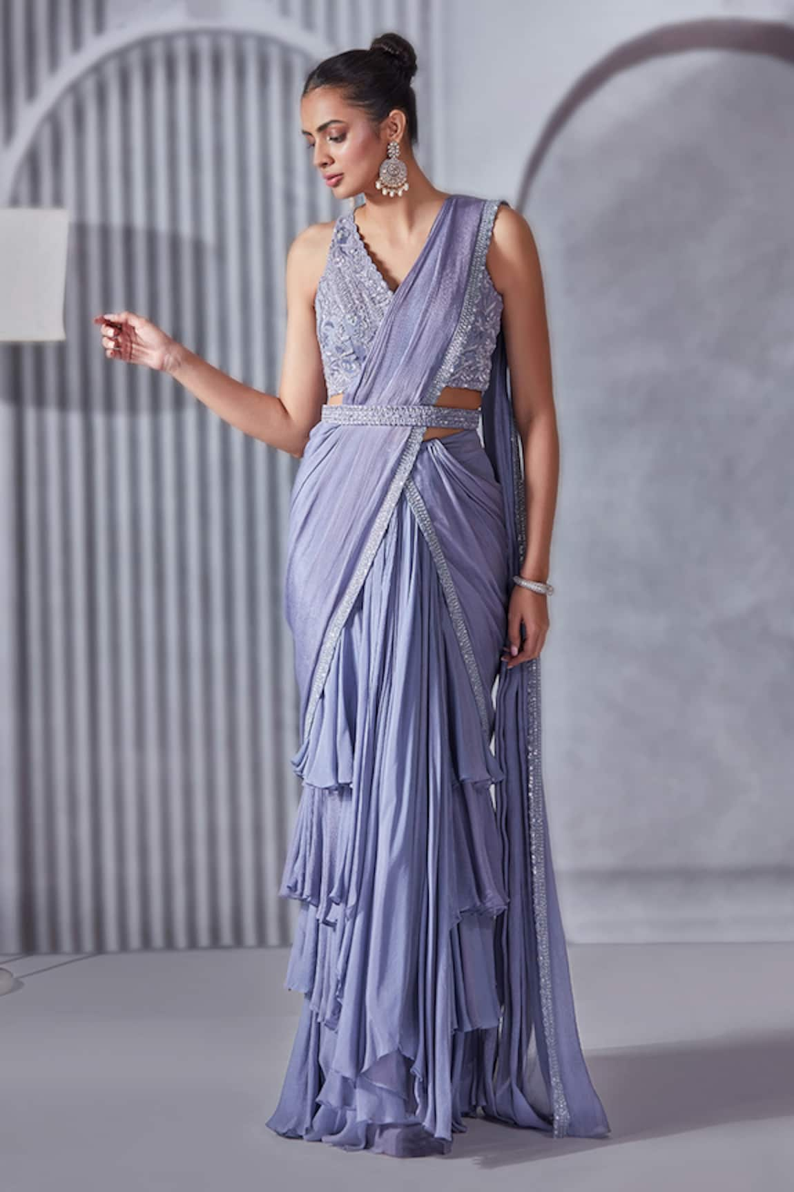 Pritika Vora Border Embroidered Pre-Draped Layered Saree Set