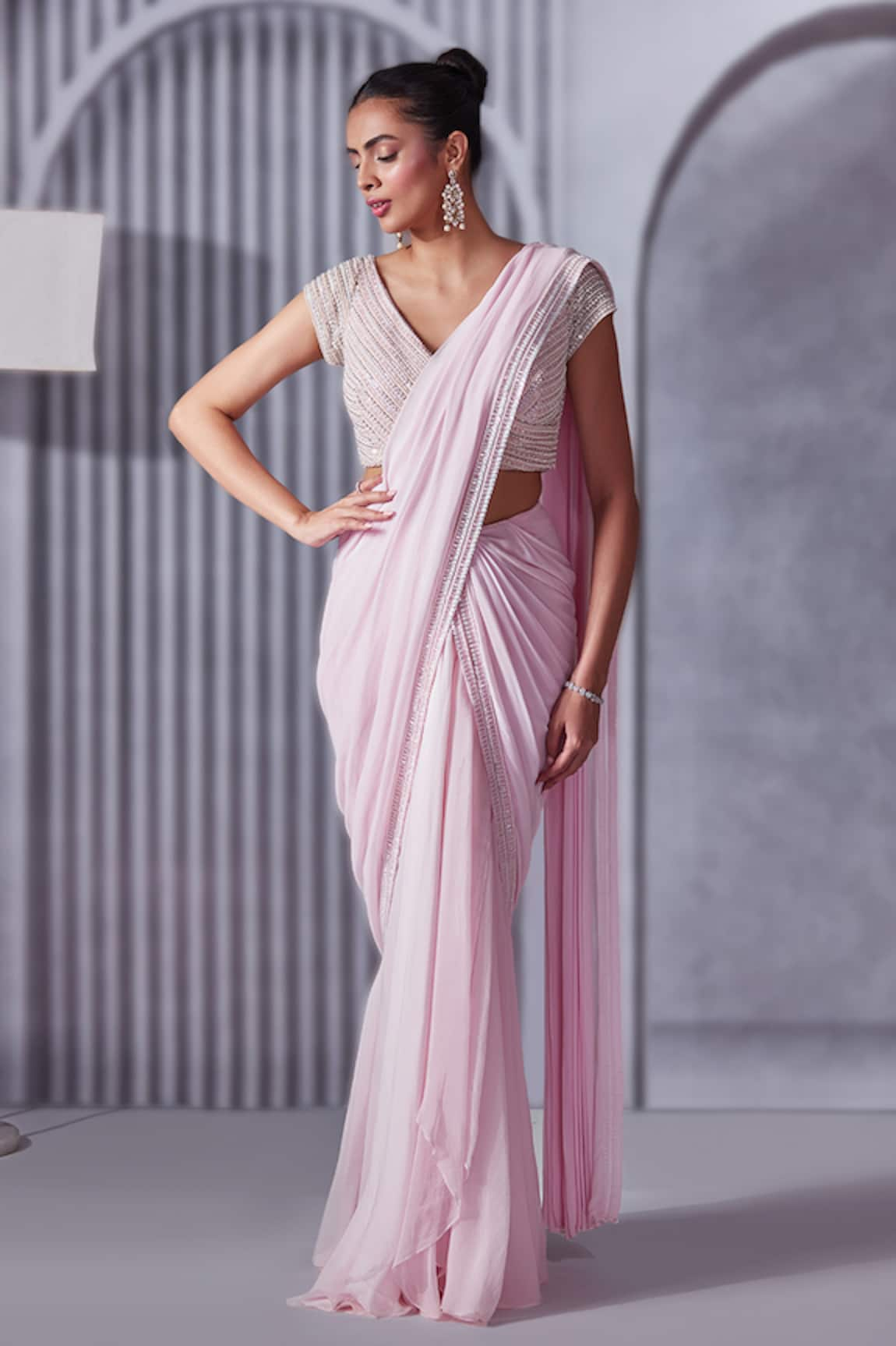 Pritika Vora Border Embroidered Pre-Draped Saree With Blouse