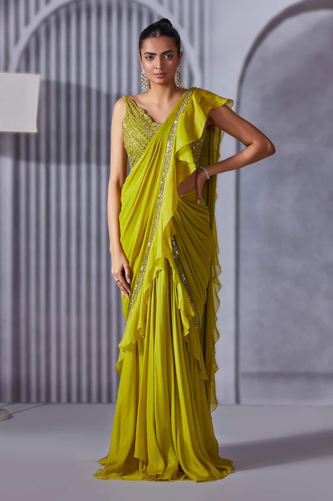 Pritika Vora Border Work Pre-Draped Ruffle Saree With Blouse