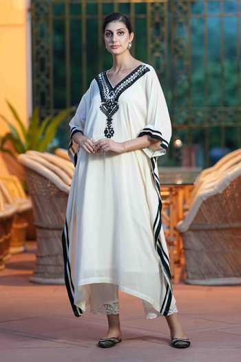Nazar By Indu Neck Embroidered Cotton Kaftan & Pant Set 