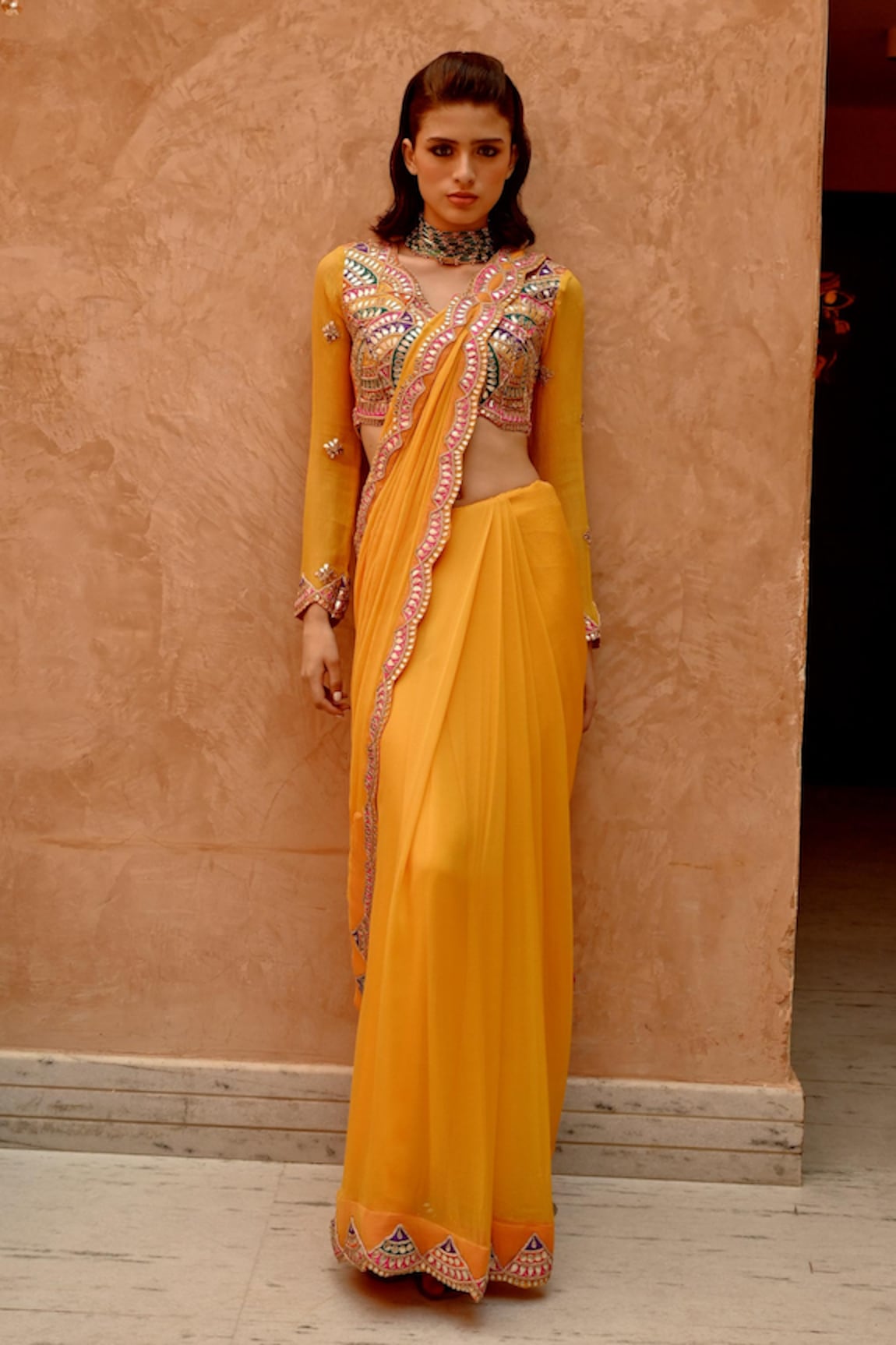 Pallavi Jaipur Pre-Stitched Saree With Embroidered Blouse