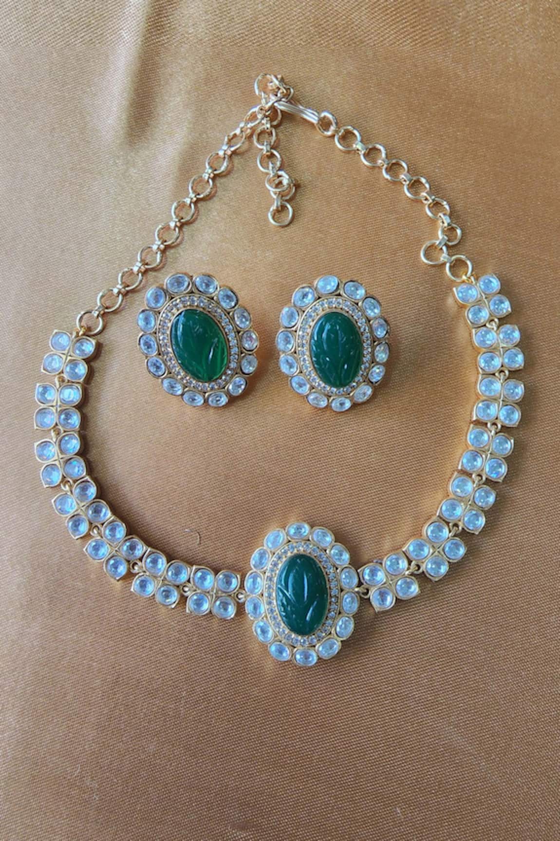 The Bling Girll Emerald & Stone Embellished Choker Necklace Set