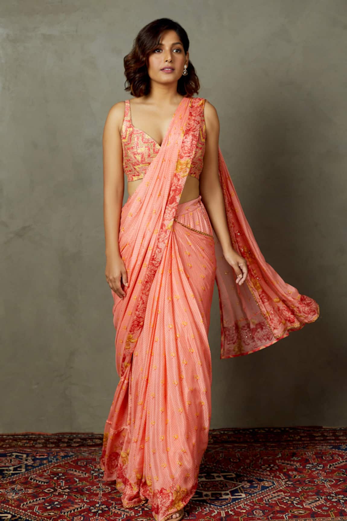 RI.Ritu Kumar Printed Pre-Draped Saree With Blouse 